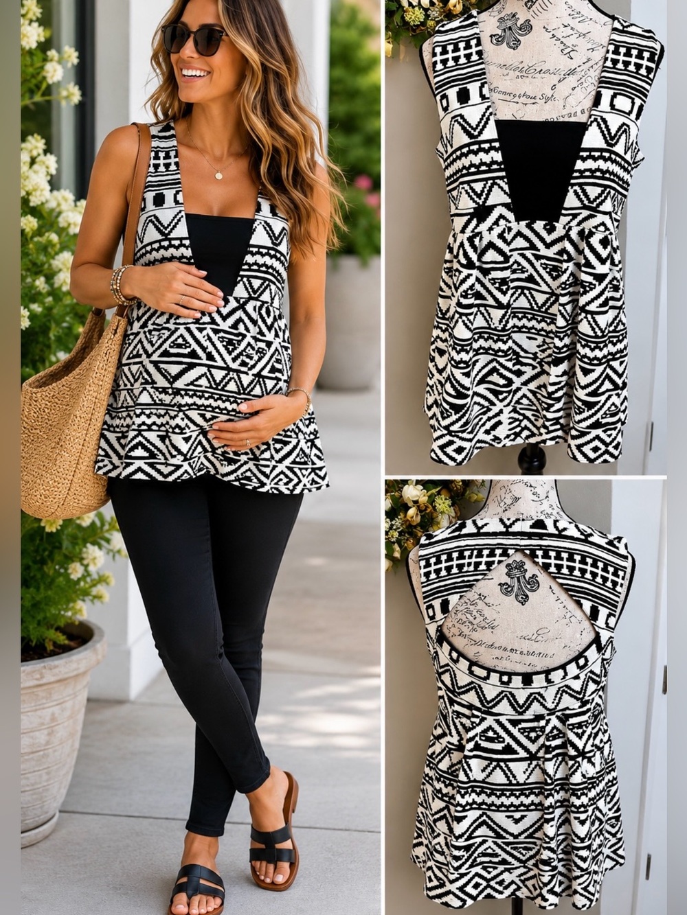 A Pea in the Pod Black Ivory Geometric Maternity Open Back  Empire Waist Top~M💚